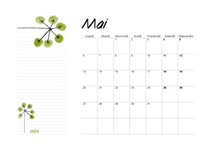 Calendrier mai 2024 à imprimer au format A4 en mode paysage avec dessin floral vert