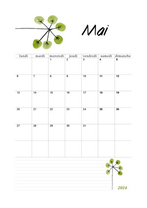 Mai 2024 calendrier à imprimer au format A4 en mode portrait avec dessin floral vert
