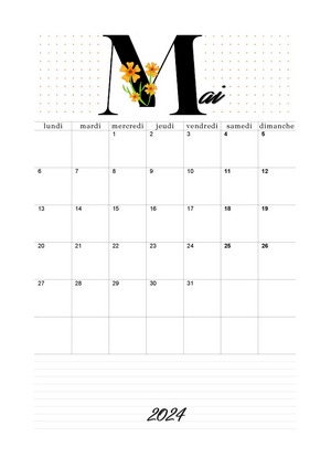 Mai 2024 calendrier à imprimer au format A4 en mode portrait avec lettre floral orange