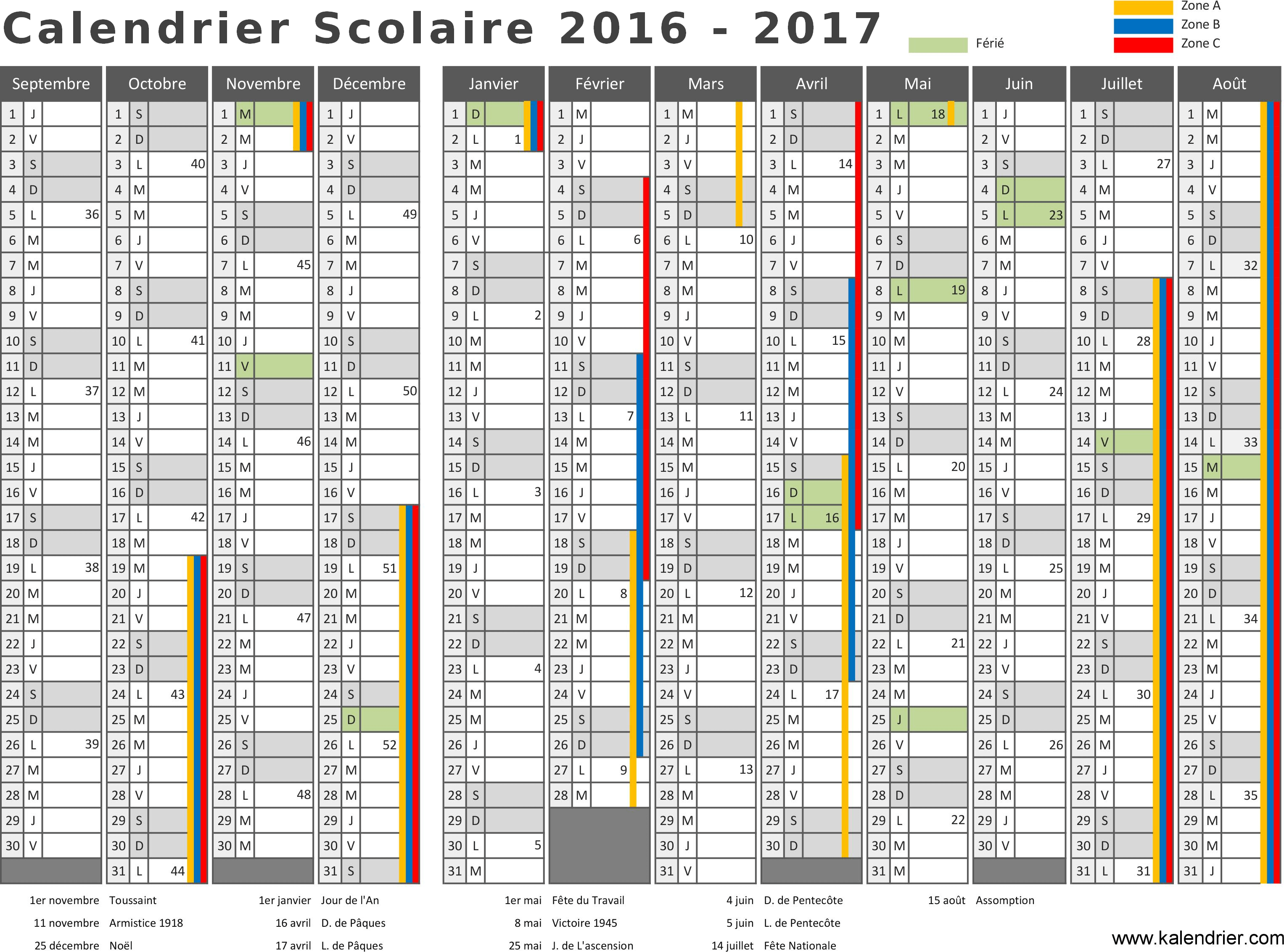 Calendrier Scolaire 2016