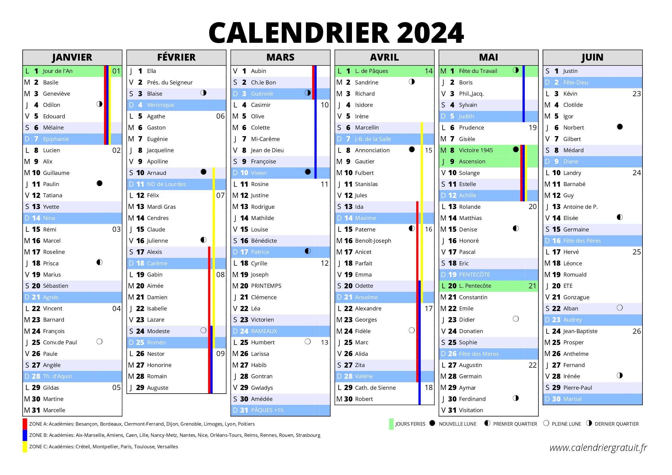 Calendrier du 1er semestre 2023 à imprimer