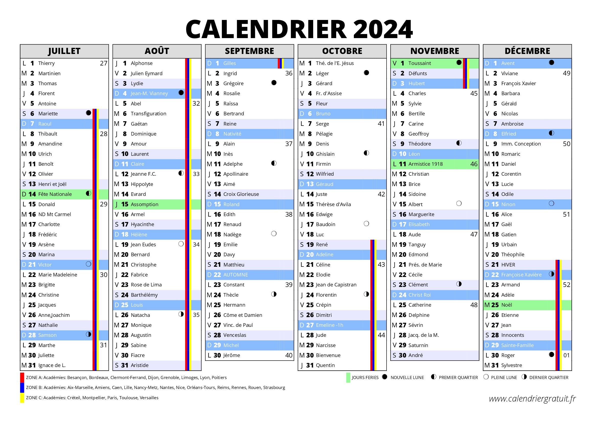 Calendrier 2024 à imprimer avec les Vacances scolaires Calendriers A4