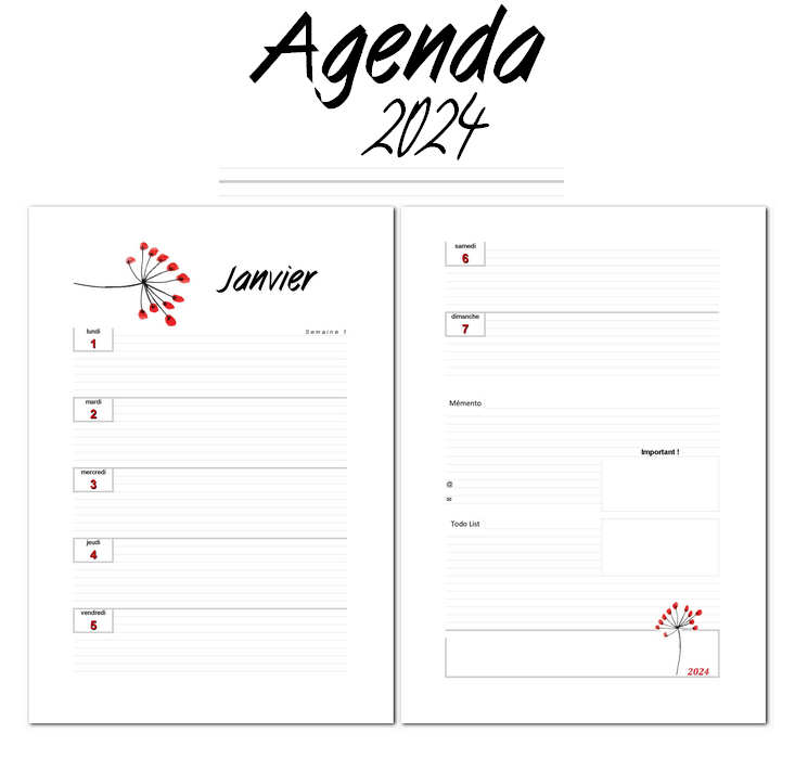 agenda 2024 semainier: Grand format A4, Planificateur hebdomadaire 12 mois,  7 jours, 1 semaine sur 2 pages en frencais (French Edition)