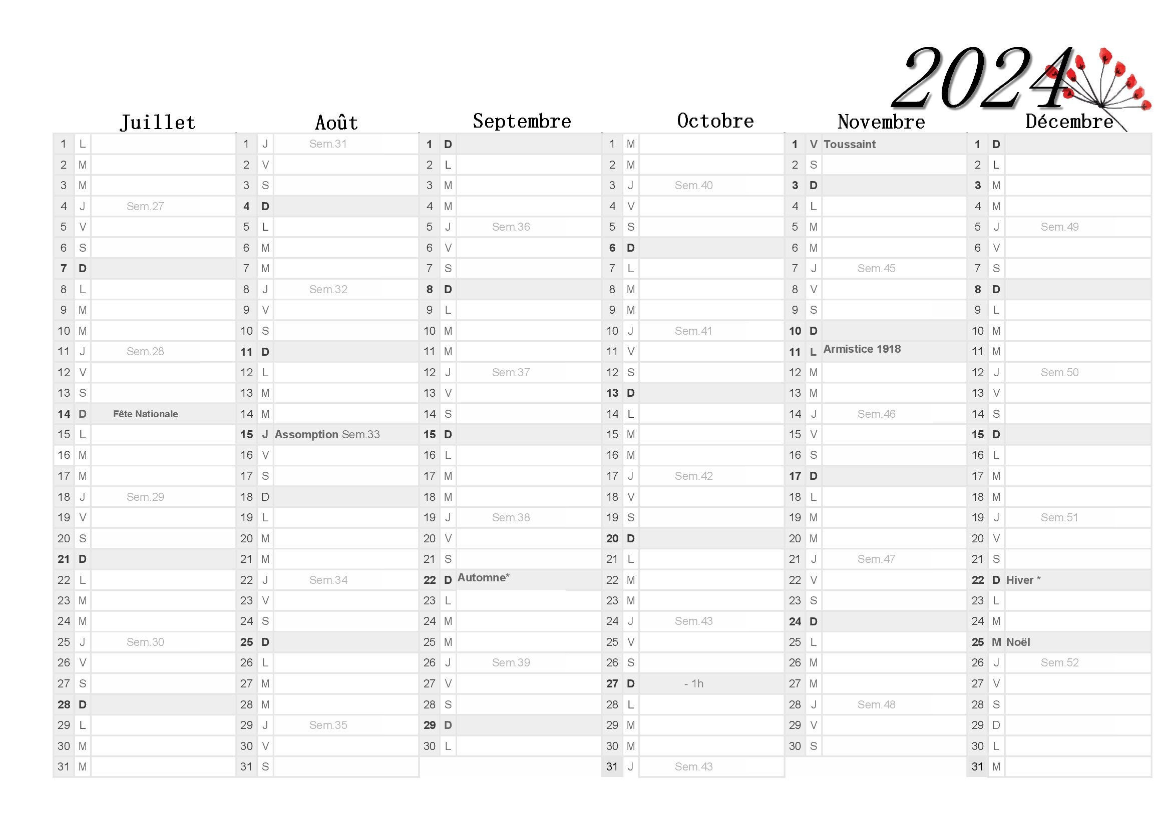 Calendrier 2024 à imprimer avec jours fériés et jours à poser
