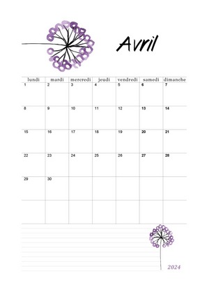 Calendrier d'avril 2024 à imprimer avec motif floral violet au format A4 portrait.