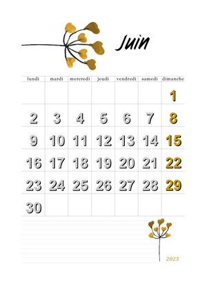 Calendrier de juin 2025 à imprimer