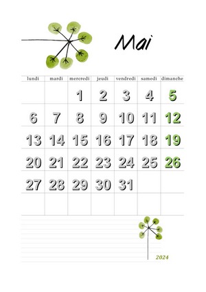 Mai 2024 calendrier à imprimer en mode portrait au format A4 avec dessin floral vert