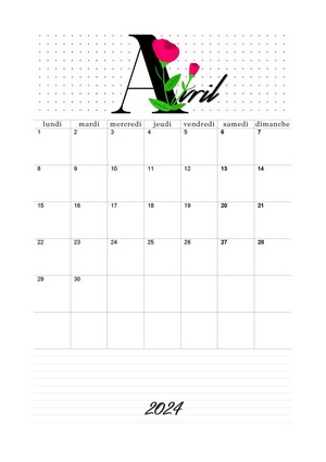 Avril 2024 calendrier à imprimer avec lettre florale magenta au format A4 en mode portrait.