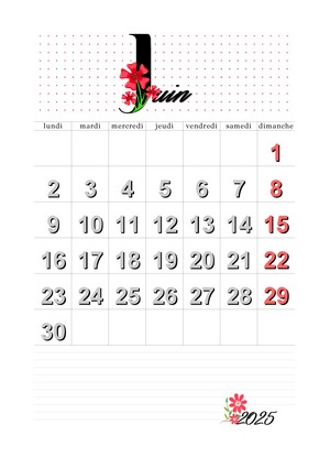 Calendrier juin 2025 à imprimer