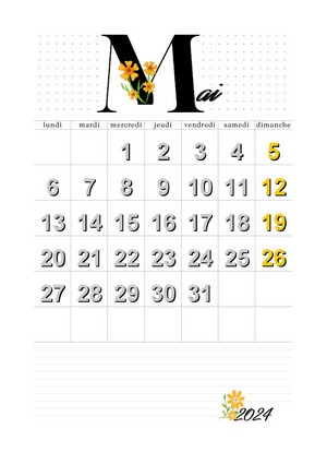 Mai 2024 calendrier à imprimer en mode portrait au format A4 avec lettre floral orange