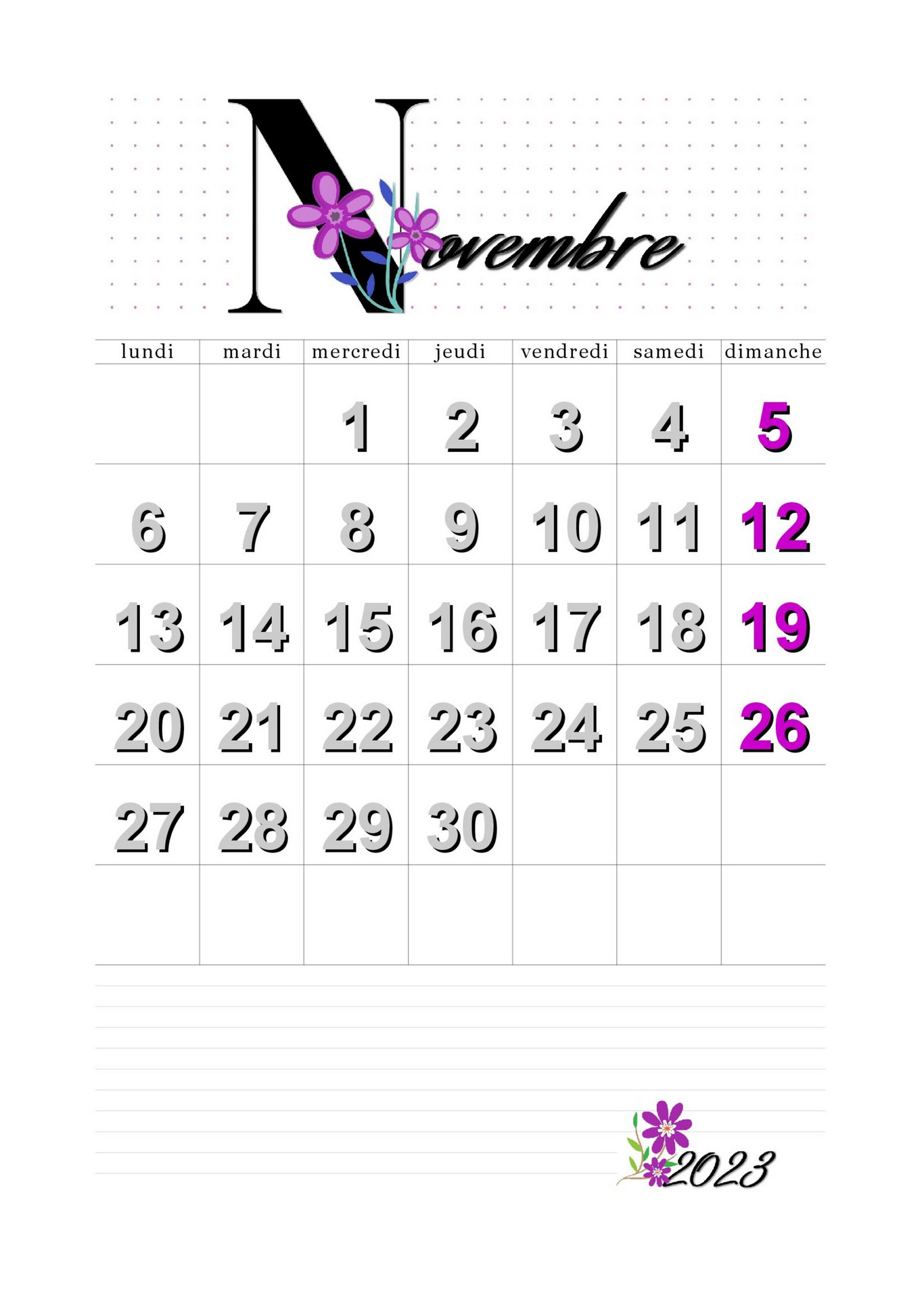 calendrier novembre 2022 en francais